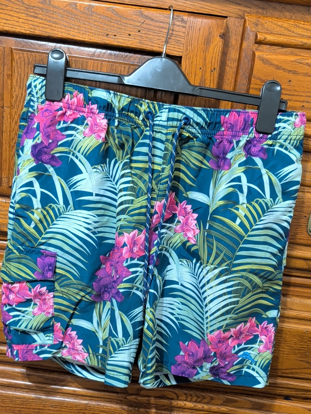 Men's Tommy Bahama Tropical Floral Swim Shorts in Teal with Pink Flowers